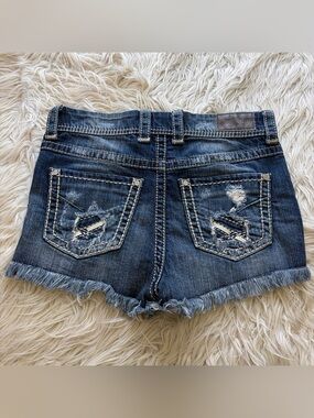 Y2K BKE Stella Denim Mini Jean Shorts Distressed Embroidered Raw Hem Size 30